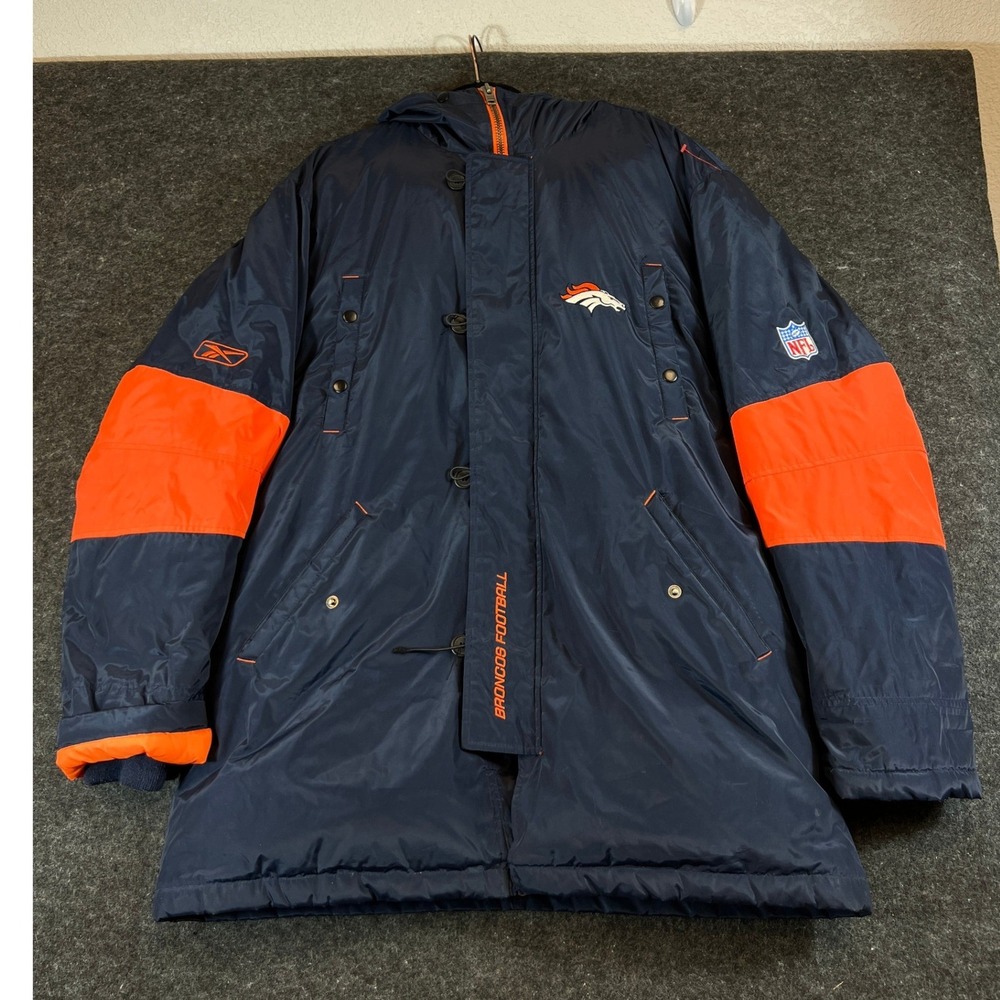 Reebok NFL On Field Denver Broncos Sideline Parka Jacket Navy Orange Mens Large